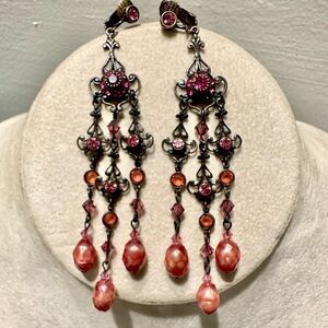 Vintage Chandelier Clip Earrings Liz Palacios Pink Pearls & Swarovski Crystals